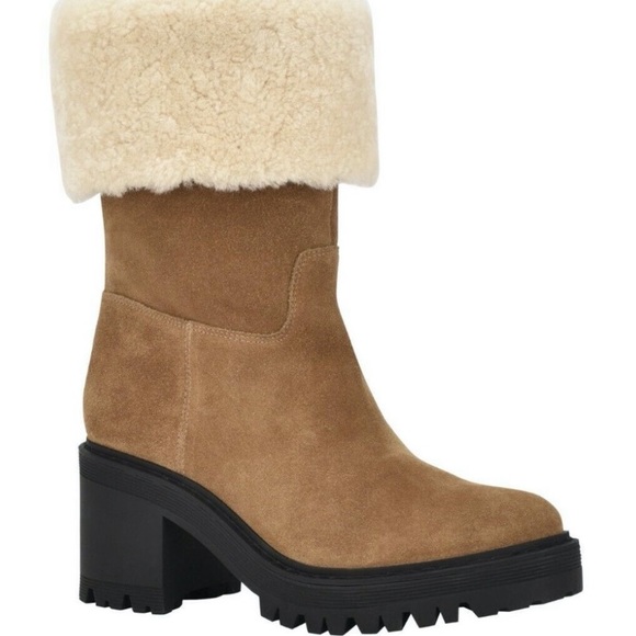 NWT Marc Fisher Willoe 100% Genuine Shearling Trim Lug Sole Boot Natural Suede - Picture 2 of 7